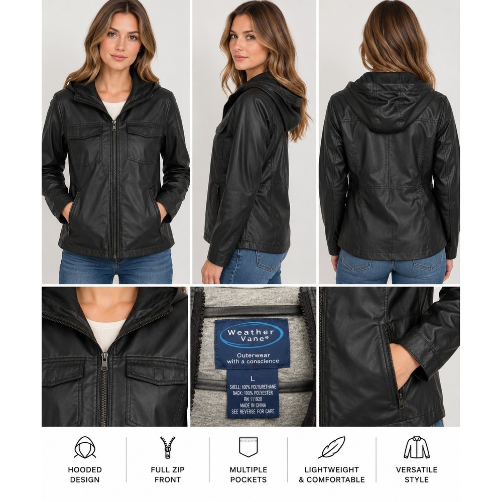 Weather Vane Womens L Black Faux Leather Hooded Jacket Moto Utility Zip Pockets